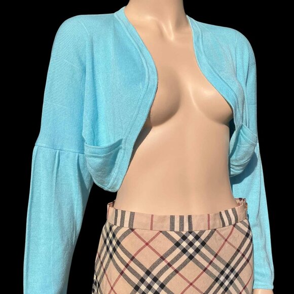 Vintage Thierry Mugler Aqua Blue Cropped Cardigan Jacket Accessory Top Size S M
